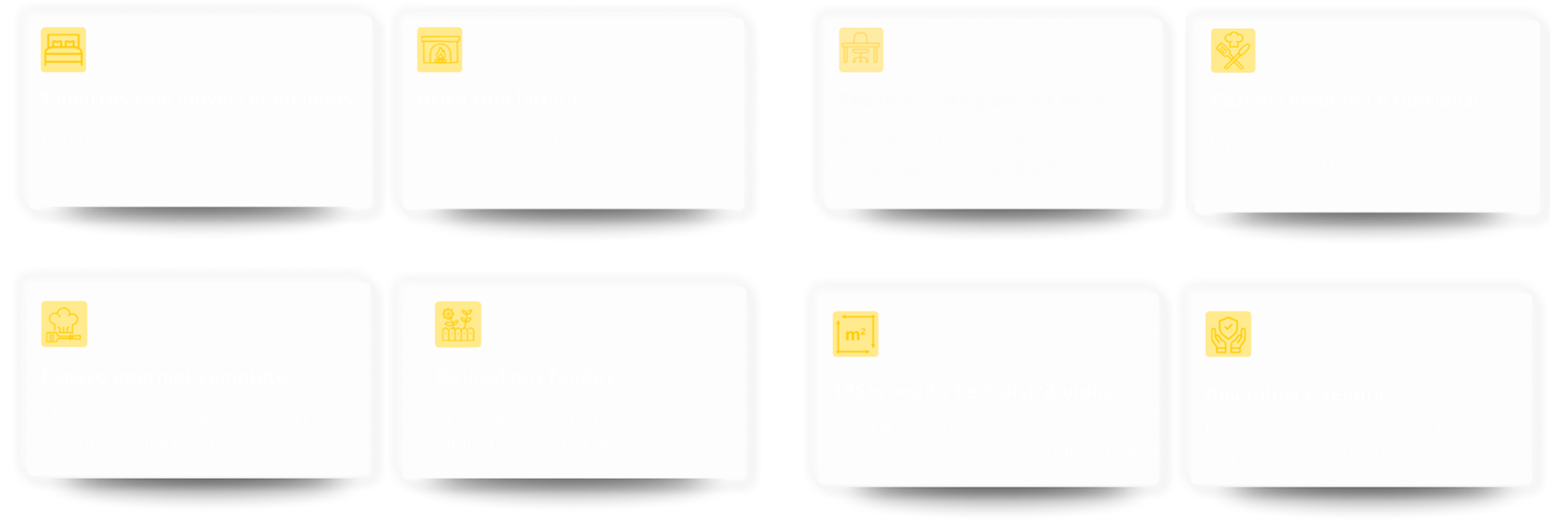 3 quartos com móveis planejados, ático com lareira, escritório integrado ao ático, cozinha moderna e funcional, espaço gourmet completo, quintal nos fundos, 175m² muito bem distribuídos, rua calma e segura